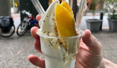 Salty milk soft serve with deep-fried sweet potato, topped with crispy tempura bits