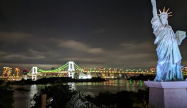 The rainbow bridge from Odaiba beach front on a warm summer night