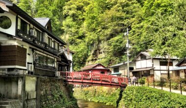 Ginzan Onsen in Yamagata Prefecture. The view looking back from the waterfall just outside the town. [OC]