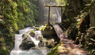 Waterfalls and an old gate, up a mountain near Gujo, Gifu pref.