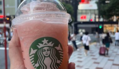 “Momo More” Peach Frappuccino: peach puree, juice and chunks topped with peach whipped cream in Shibuya