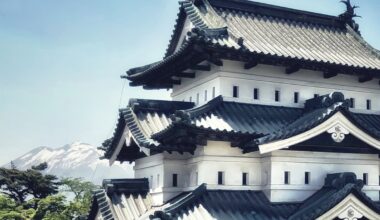 Hirosaki Castle in Aomori Prefecture, with its shachihoko perched atop the roof and Mt Iwaki in the distance behind. [OC]