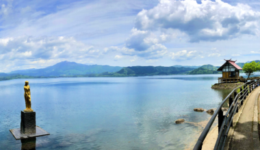 Golden statue of Tatsuko and lakeside shrine at Lake Tazawa, Akita Prefecture [OC]