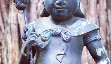 Shrine Guardian wielding a spear with a skull on its tip, Takkoku no Iwaya Shrine, Hiraizumi, Iwate Prefecture [OC]