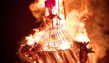 Dosojin Festival at Nozawa Onsen. Burning of one of the lanterns.