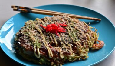 Okonomiyaki with pork belly and shrimp