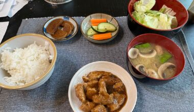 Tonight's dinner: Homemade ginger pork, soy pickled daikon, miso soup with mushrooms and snow pea pods.