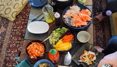 Homemade temaki lunch with friends! We had salmon, salmon skin, scallops, and tuna poké.