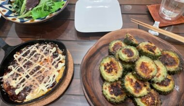 Mincemeat-filled Goya (ゴーヤ肉詰) and a small okonomiyaki