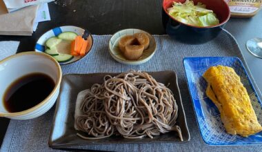 Hot weather dinner... Cold soba noodles and dipping sauce (homemade), tamagoyaki (served cold), simmered daikon, veggies with sesame dipping sauce, salad.