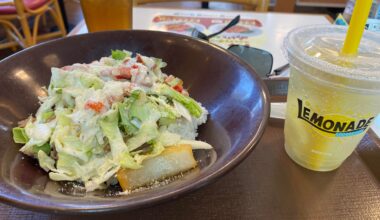 Gyudon with a Cesar salad on top