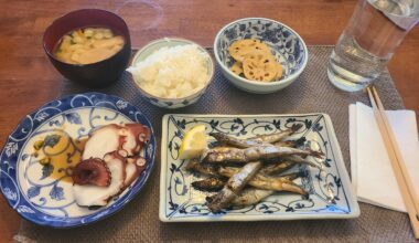 This was my dinner; grilled shishamo with octopus sashimi, renkon, rice, and miso soup with tofu and vegetables.