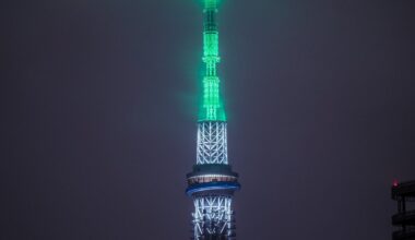 A picture of the Tokyo Sky Tree, which seems to be communicating with space on a drizzle day