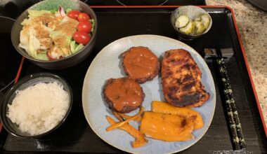 Charcoal grilled Miso chicken and hambagu steak with wasabi ketchup. Honey ginger dressing for the salad.