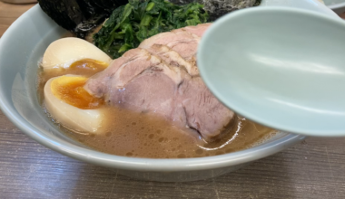 Rich tonkotsu-shoyu ramen soup at “Toraibu” in Tokyo