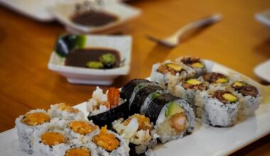 3 Maki lunch special - spicy salmon, shrimp tempura, salmon/avocado/eel w/ eel sauce maki at Volcano - Morgantown, WV