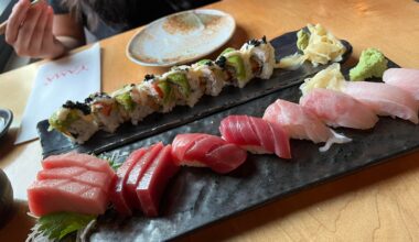 Oh Toro, yellowtail, bass, and tuna for dinner tonight with a lobster roll on the side.