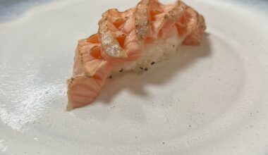 Scored and Torched Salmon belly nigiri