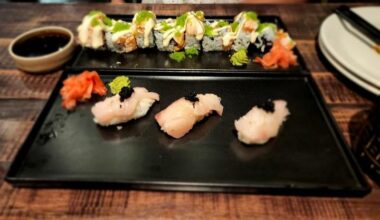 yellowtail nigiri and salmon sushi