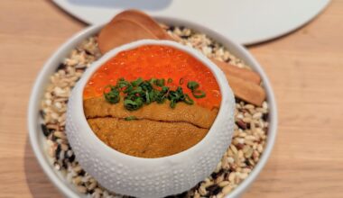 Uni (sea surchin) and ikura (salmon roe) on a bed of chawanmushi