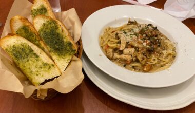 Porcini pasta with garlic bread . Here in Japan