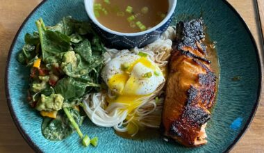 Dinner - cold somen noodles topped with a poached egg, cold shoyu/dashi broth for dipping, miso broiled salmon and a random side salad of everything that was about to go bad in our fridge.