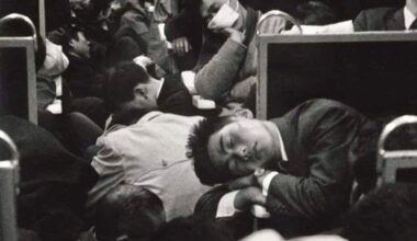 People sleeping on a night train in Japan, 1964