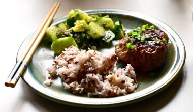 Hambagu with cucumber salad and rice