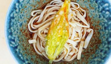 Udon with Matcha Salt Seasoned Shrimp Stuffed Zucchini Blossom (Shrimp Mousse + Mitsuba + Water Buffalo Cheese)