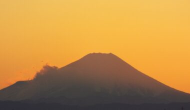 Sun setting behind Mt. Fuji.