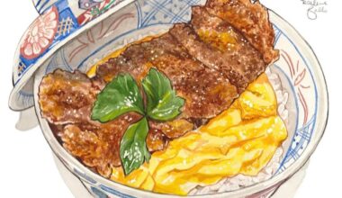 Katsudon- I visited a katsudon specialty shop in Tokyo recently to eat and paint a really delicious katsudon dish. Rice, egg, and fried pork cutlet make for great comfort food! Yum!