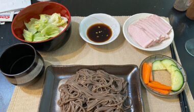 Hot weather dinner... Salad, pork loin (sous vide) w/ homemade ginger-garlic dipping sauce, veggies, soba noodles, homemade mentsuyu dipping sauce for the noodles.