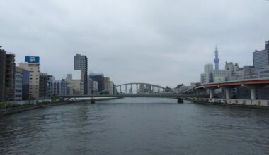 A rainy morning over the Sumida River looking towards Tokyo Skytree