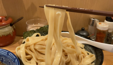 Thick and flat tsukemen noodles dipped at Hama Momiji in Yokohama