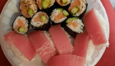 My first time making sushi at home! I made smoked salmon, cucumber, and kimchi maki rolls and bluefin nigiri. Not perfect, but it was definitely tasty.