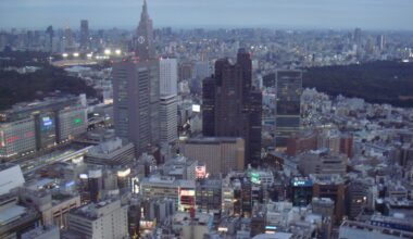 Shinjuku at dusk from ~200m up (Shinjuku Center Building, 2008)