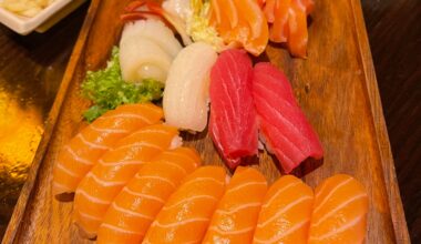 Mainly salmon, but also tuna, squid and red clam