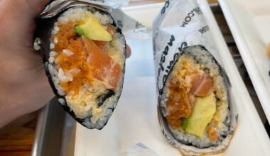 A spicy tuna, salmon, avacado, and spicy Mayo “sushi burrito”. It’s basically a jumbo sushi roll not sliced up. It might be an abomination. But it tasted great