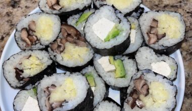 Tofu and avocado sushi and shiitake mushroom and sweet potato! Coconut aminos for dipping