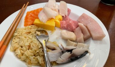 I effed up, but it worked out. Beautiful Sashimi; Toro, escolar, hamachi, Salmon, mackerel…. The only rice we had in house was rice-a-roni. It was still delicious!