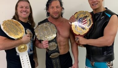 Kenny omega chris jericho and cody rhodes with their IWGP championships