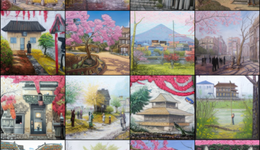 A street artist draws historical architecture in Sapporo in Japan surrounded by flowering trees. / AI generated