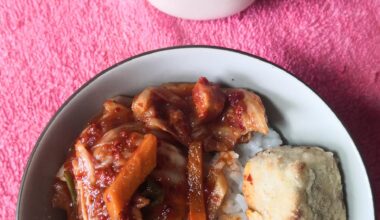 Okara nuggets and kimchi over white rice + homemade soymilk