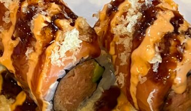 Spicy Tuna, Avocado inside, Top w/ Fresh Salmon & Spicy Mayo