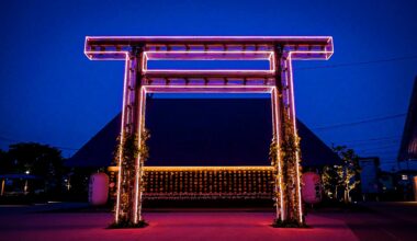 The "gaming" torii at Tokorozawa Sakura Town (Saitama Pref.). The shrine behind it has ceiling art of a phoenix designed by Yoshitaka Amano of Final Fantasy fame.