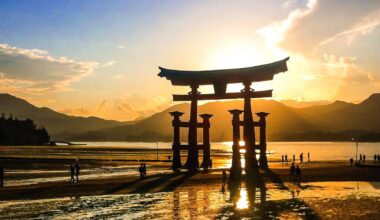 Golden hour at the Itsukushima Shrine on the island of Miyajima.