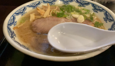 Digging into some tonkotsu soup at Akanoren in Tokyo