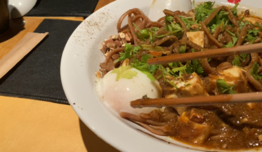 Onsen egg with mabotofu curry mazesoba