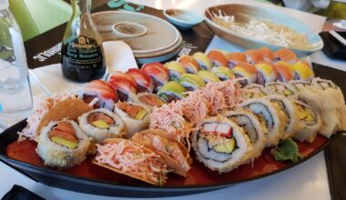 ever seen a crab taco in a sushi boat ? and strawberries? anw, it was good for $20.