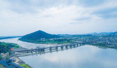 Kiso river in Aichi prefecture. This is the view from Inuyama castle, which is Japans oldest original castle. Kiso river serves as the border between Aichi and Gifu prefecture.